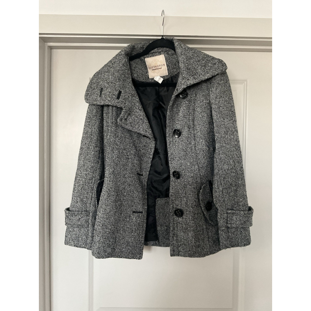 Covington Womens Wool Coat Black Trench Vintage Small Premium Button Accent